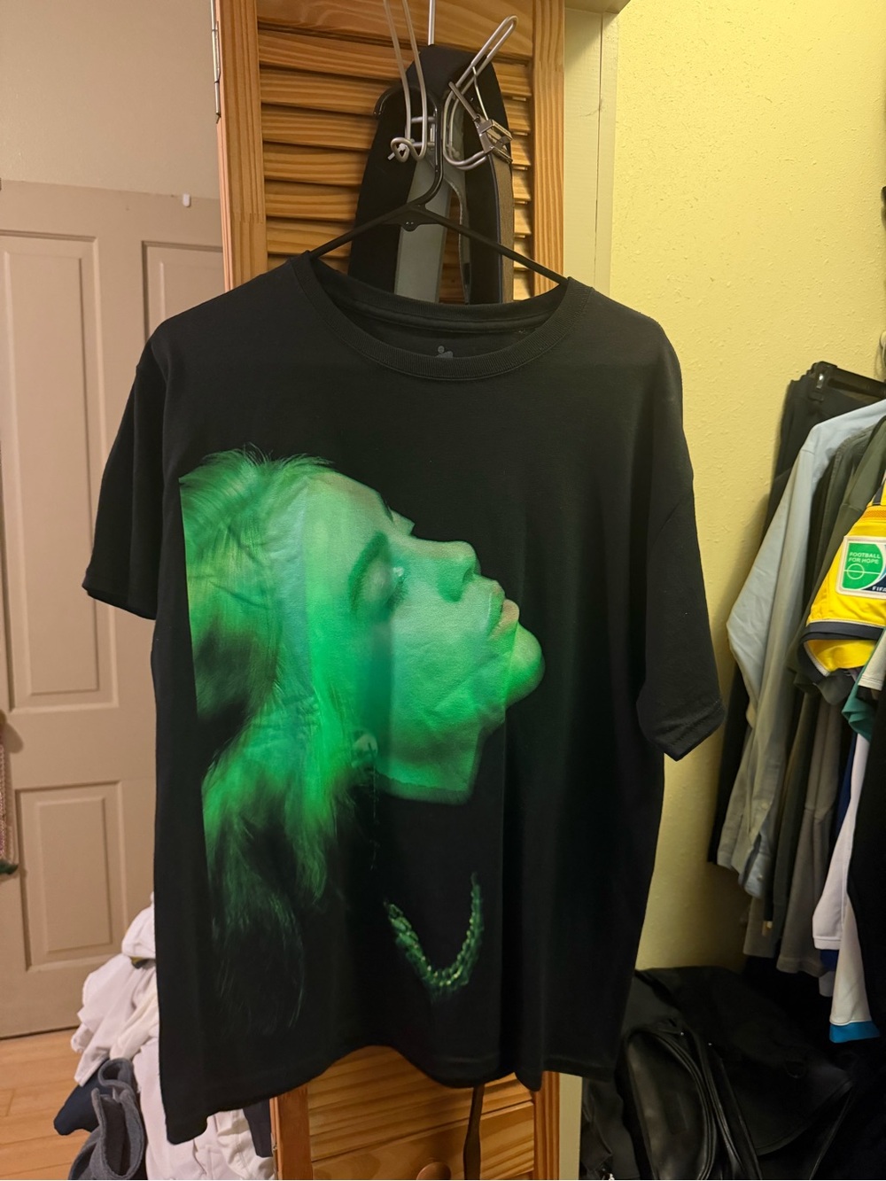 Billie Eilish Tour Merch Black Graphic Tee with Green Portrait Print